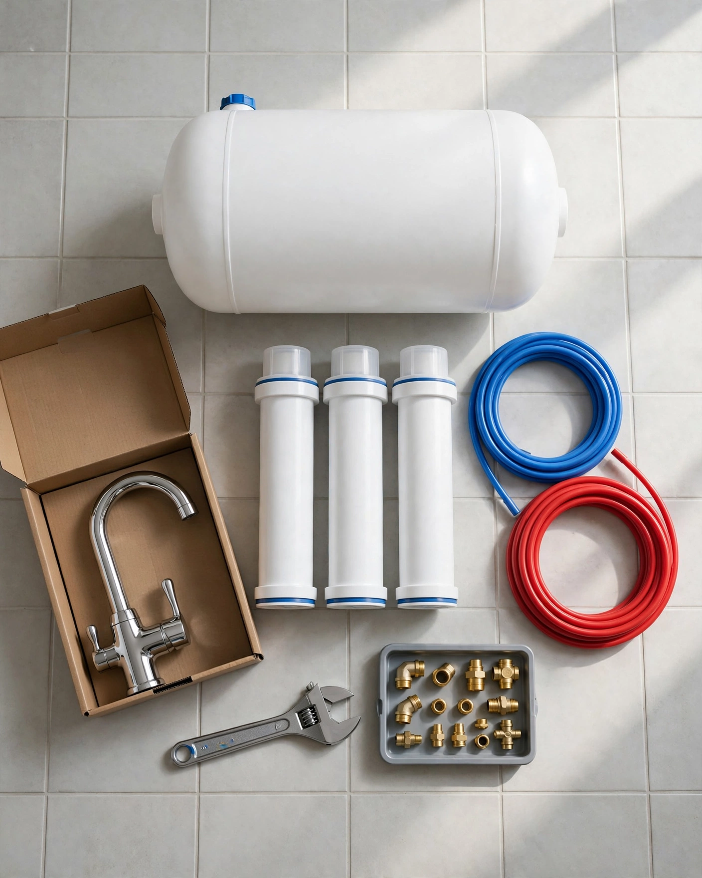 Unboxed under-sink reverse osmosis system parts — storage tank, chrome faucet, filter housings, and tubing — laid out before installation