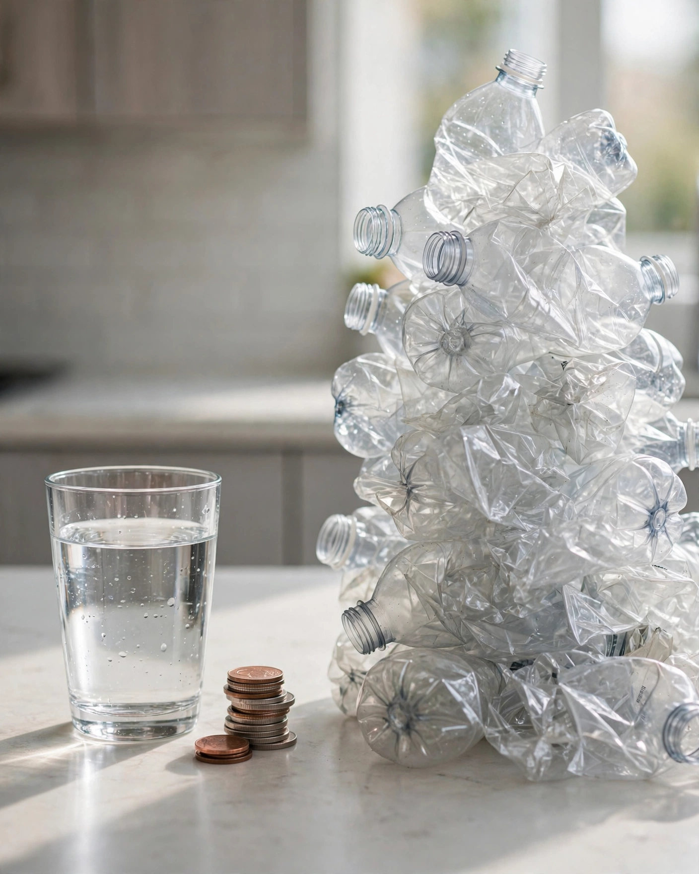 A single glass of water with a small stack of coins contrasted against a tall pile of empty plastic water bottles illustrating five-year savings
