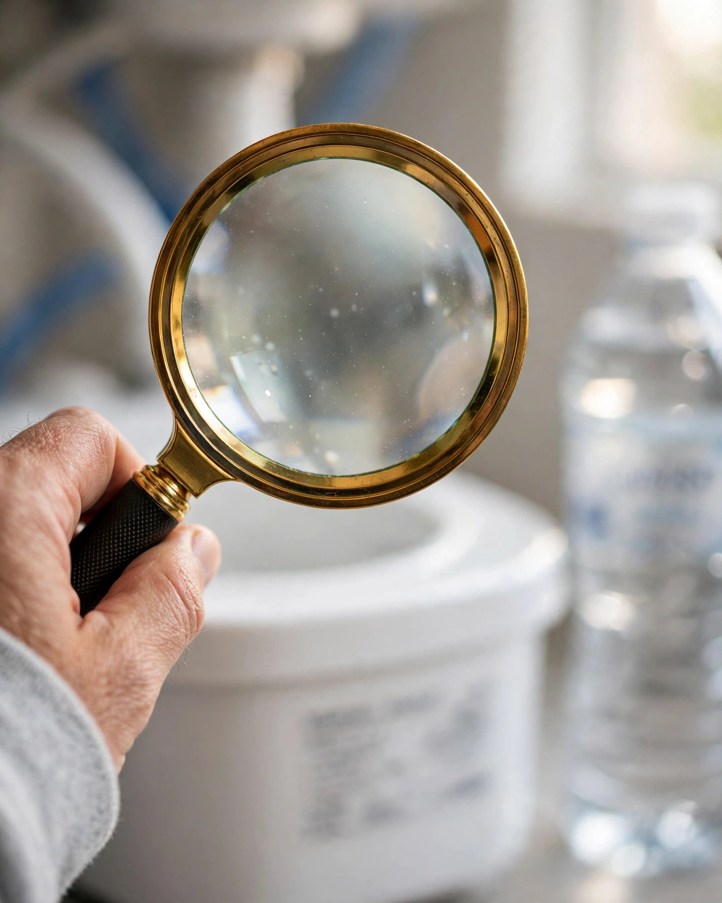 Magnifier inspecting the certification labels on a water filtration unit and a bottled-water bottle