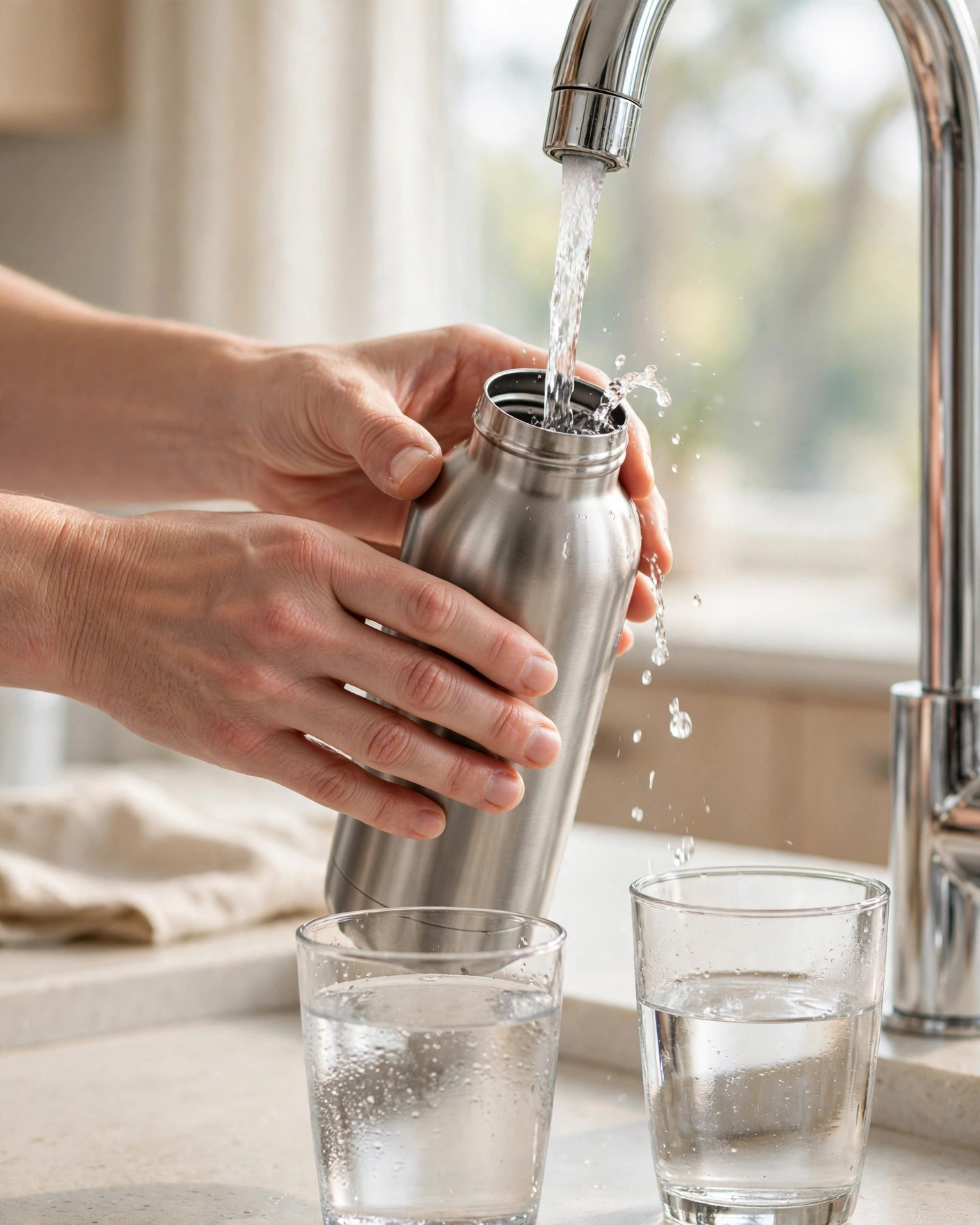 Hands filling a reusable filtered-water bottle from a chrome kitchen drinking-water faucet