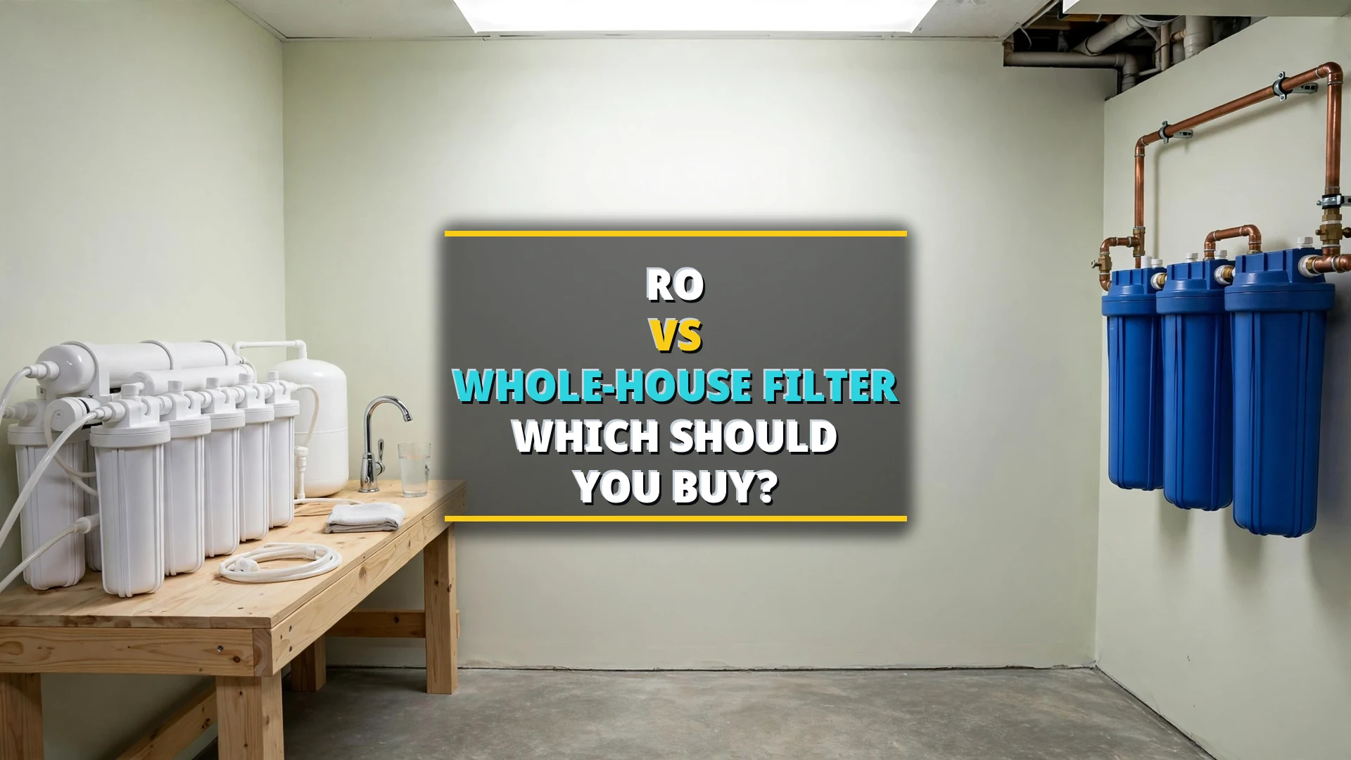 Under-sink reverse-osmosis system beside a whole-house water filter tank — RO vs whole-house filter comparison 2026