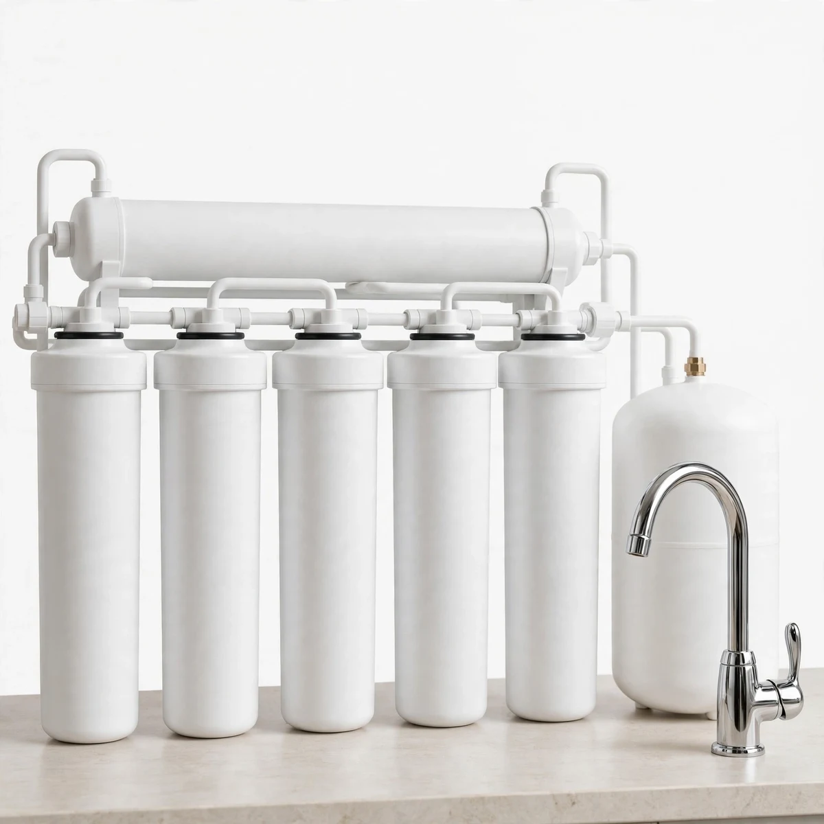 White 5-stage under-sink reverse-osmosis system with filter housings, storage tank and chrome faucet on a counter