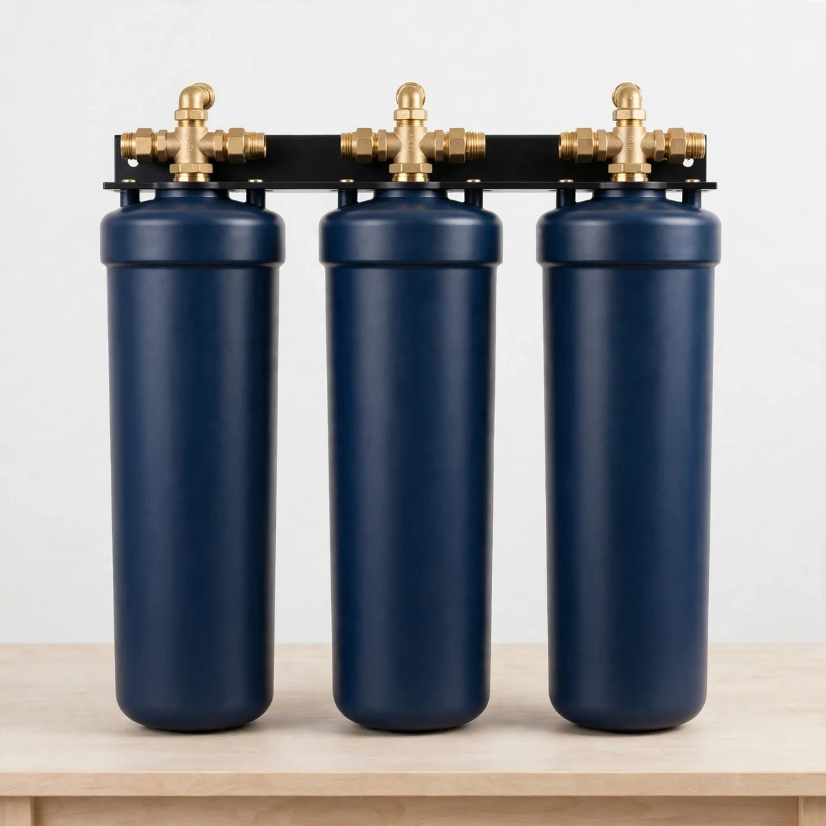 Three dark-blue whole-house filter housings on a mounting bracket with brass fittings on a workbench