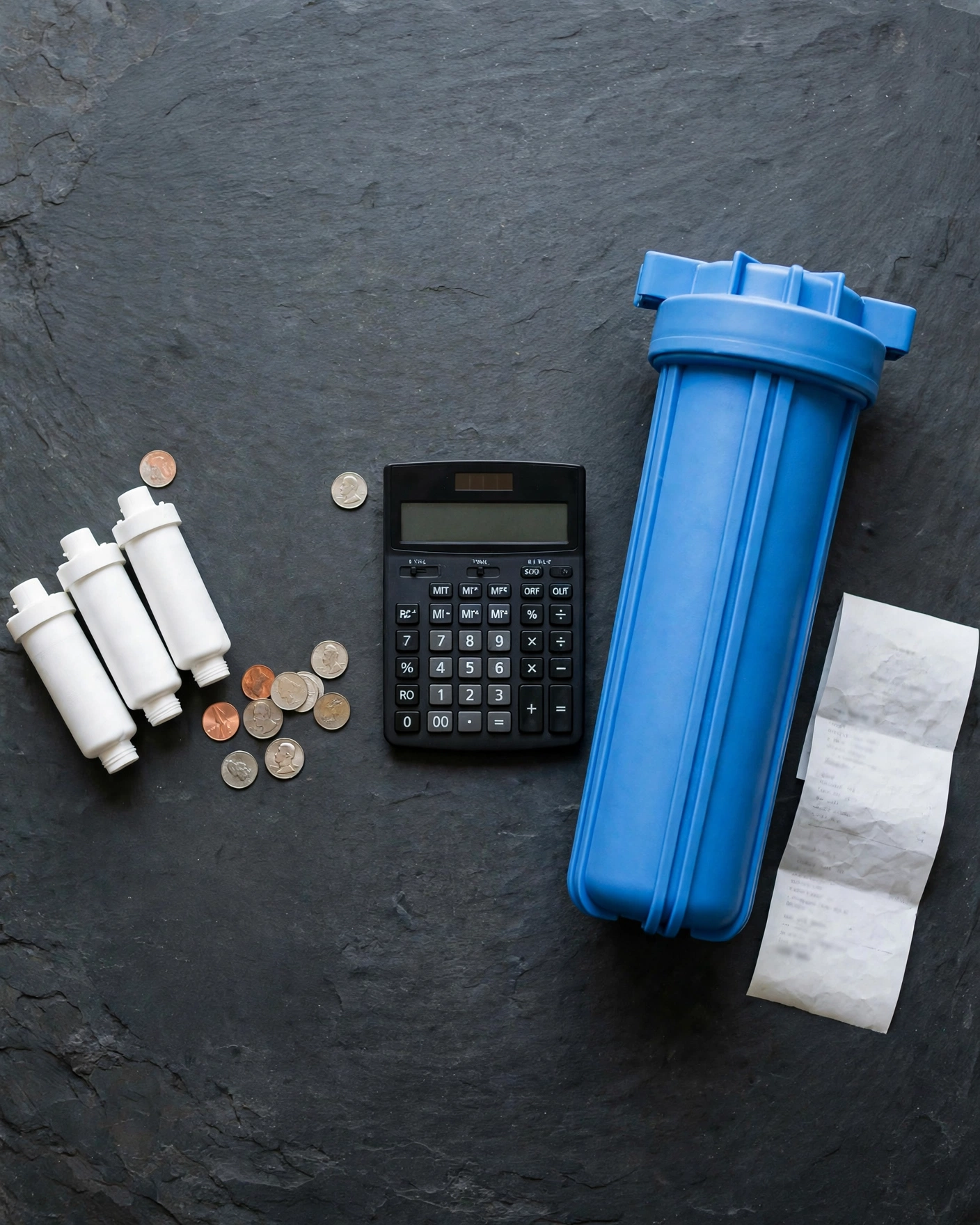 Overhead flat-lay comparing yearly filter costs: small RO filter set with coins beside a large whole-house cartridge, calculator and receipt