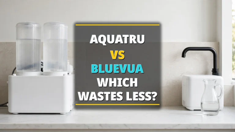 RO waste ratio comparison: AquaTru vs Bluevua countertop units with purified and wastewater beakers, 2026