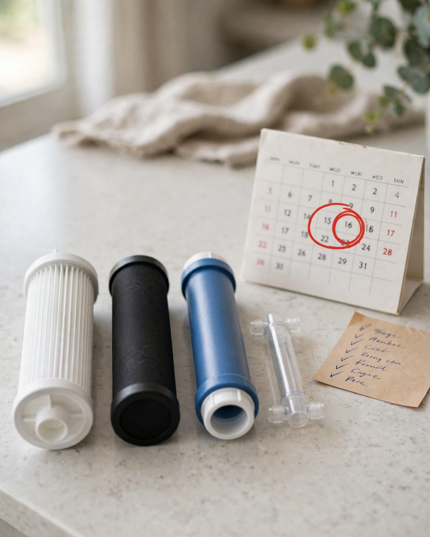 Yearly set of under-sink RO replacement filters — sediment, carbon, membrane, and post-filter — beside a calendar with filter-change dates marked