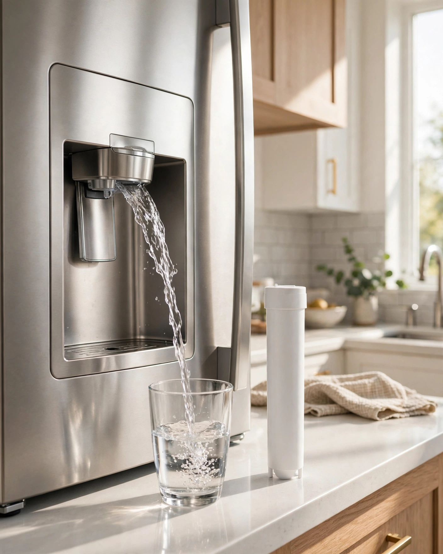 Samsung refrigerator dispenser pouring water into a glass with an unlabeled replacement cartridge beside it