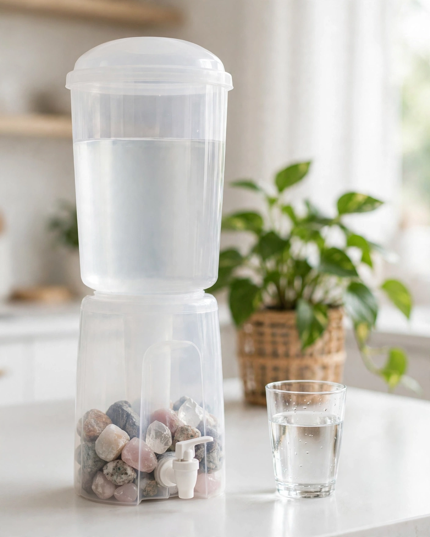 Santevia gravity water dispenser with mineral stones visible in the lower chamber
