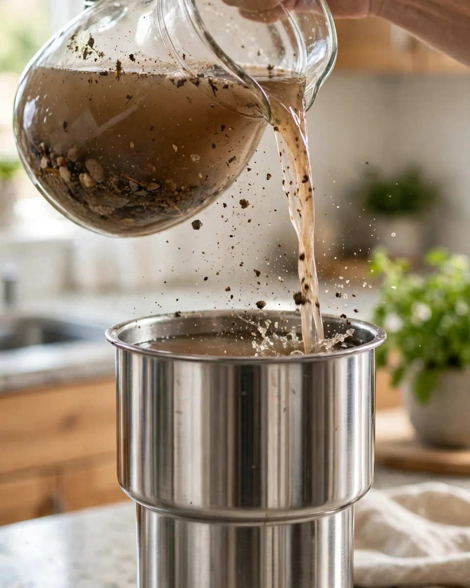 Sediment-heavy muddy water being poured into a gravity filter's upper chamber — the load that clogs pores fastest