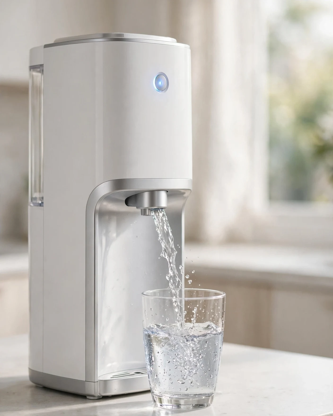 Countertop RO water purifier with UV indicator dispensing filtered water into a glass