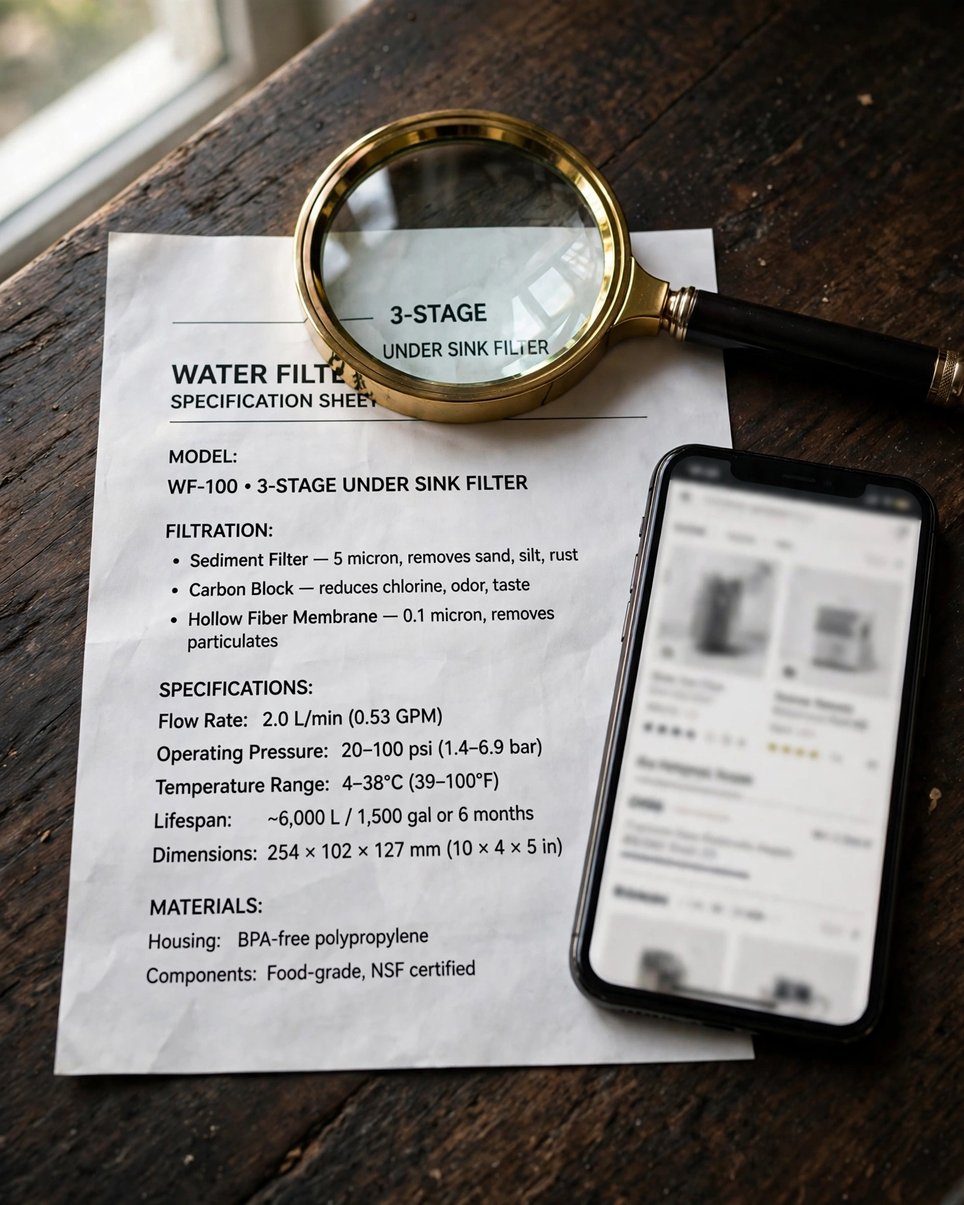 Magnifying glass over a water filter specification sheet next to a phone showing a certification database listing