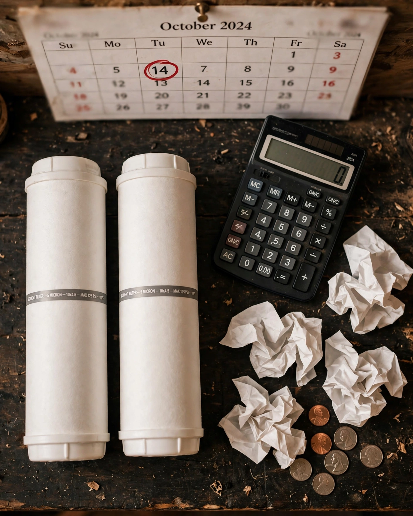 Whole-house sediment replacement filter cartridges with a calculator and receipts illustrating yearly ownership cost