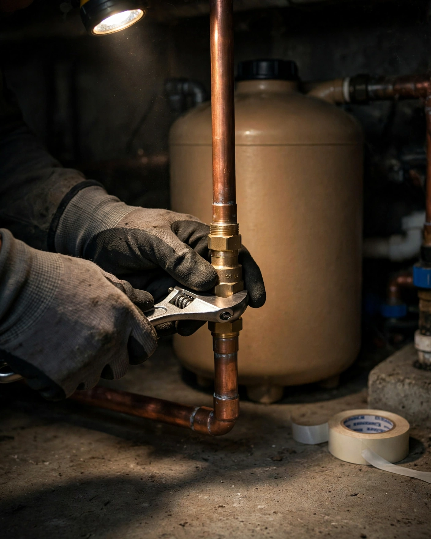 Work-gloved hands tightening a brass bypass valve fitting on copper pipes during a whole-house filter installation