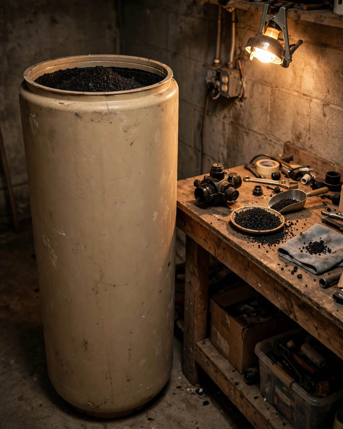 Open whole-house filter tank showing granular carbon media with a dish of carbon granules beside it