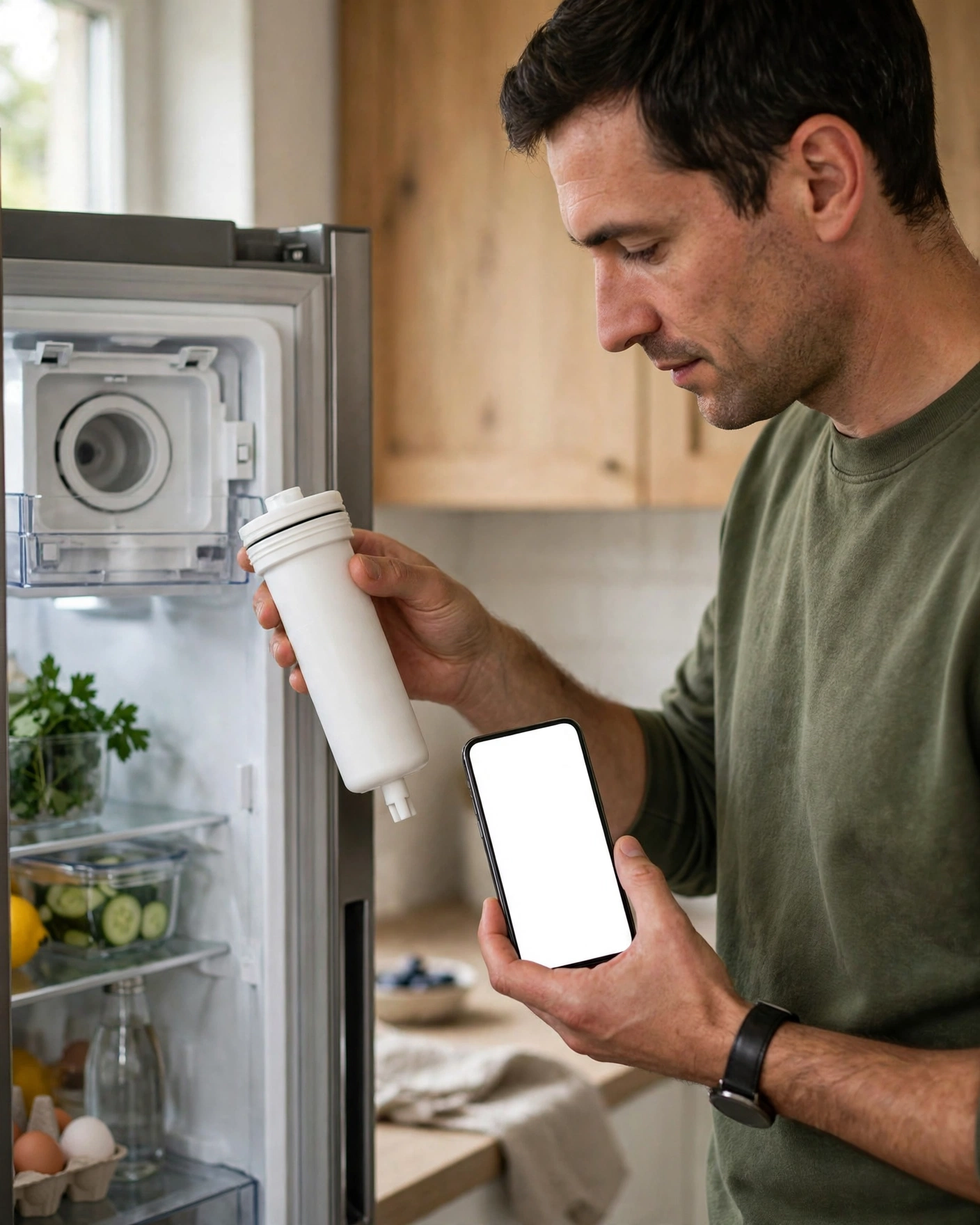 A person holding a fresh cartridge and a phone at an open refrigerator
