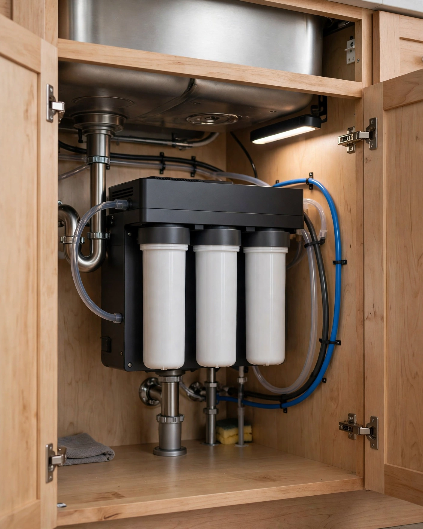 Tankless reverse osmosis unit installed under a kitchen sink with no storage tank