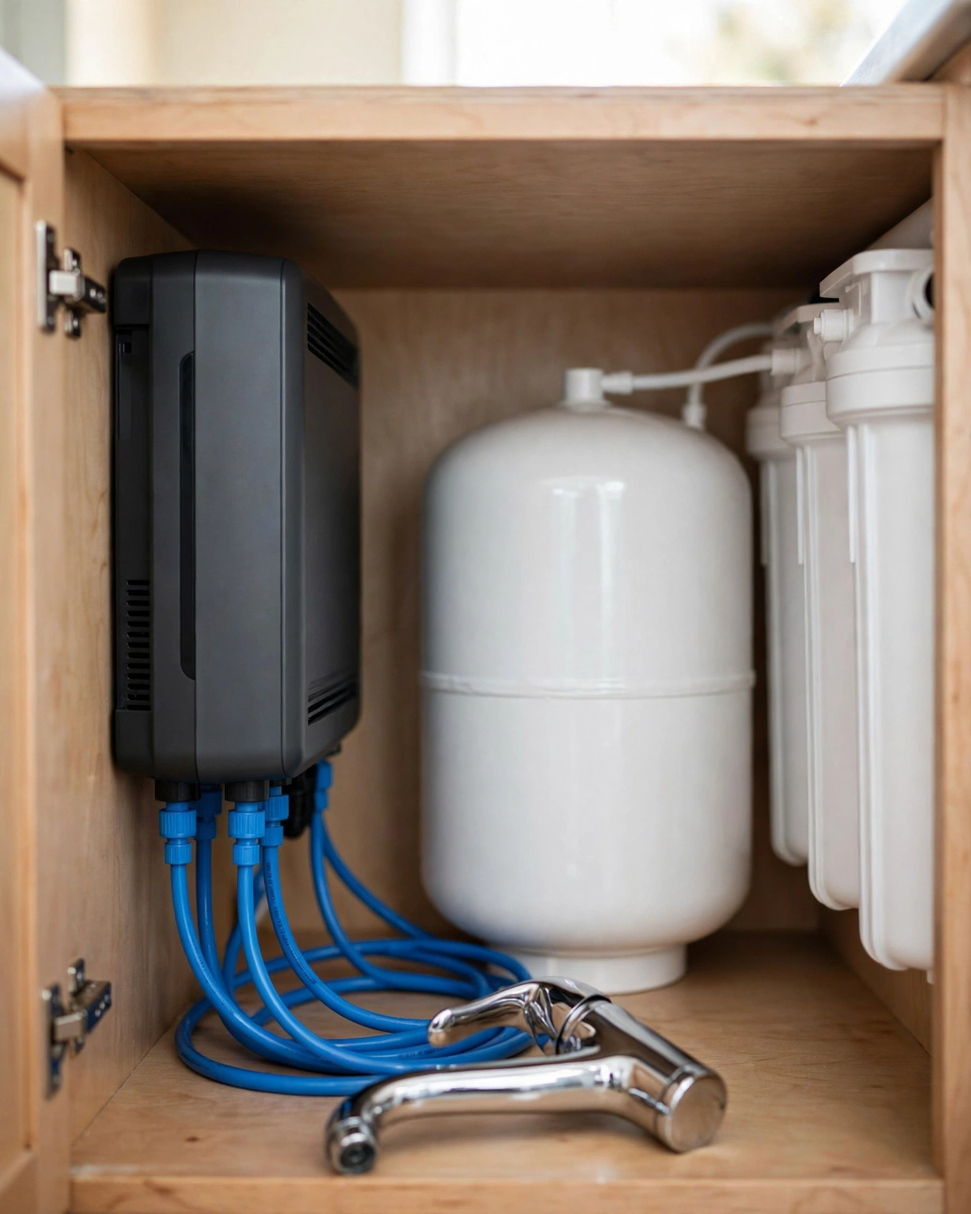 Tankless RO box unit beside a classic white storage tank system with filter housings inside an under-sink cabinet