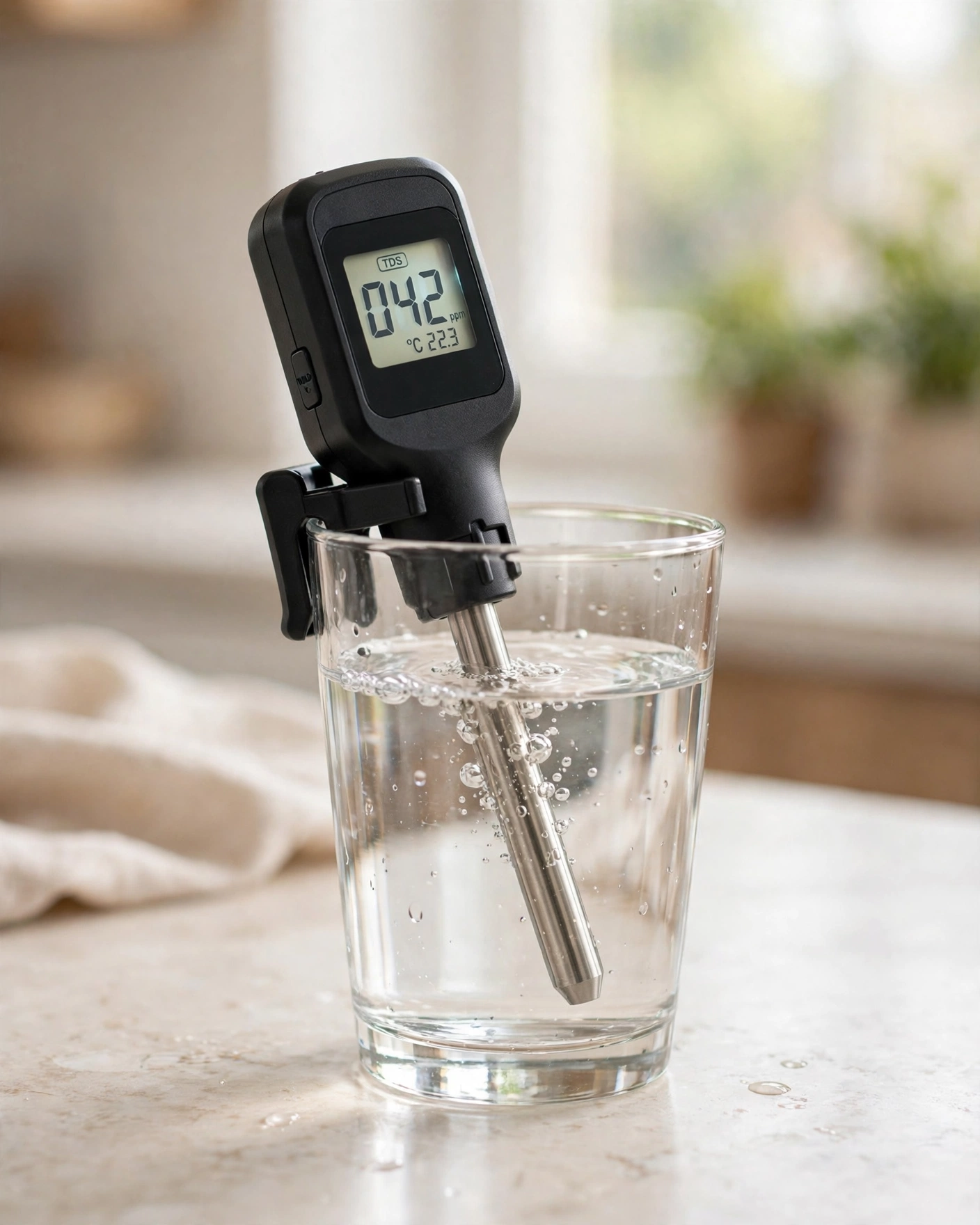 Digital TDS meter testing a glass of reverse osmosis filtered water on a kitchen counter