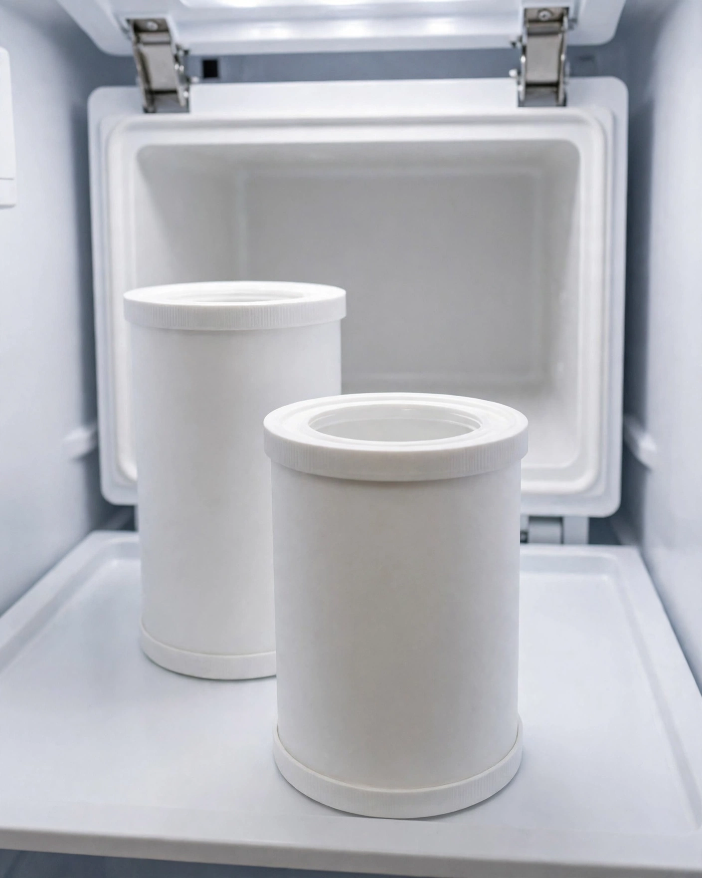 Two cartridges standing before an open refrigerator filter compartment