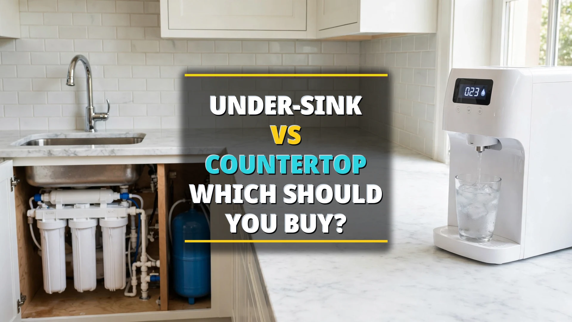 Under-sink vs countertop water filtration 2026 — countertop dispenser and filtered-water faucet pouring into glasses