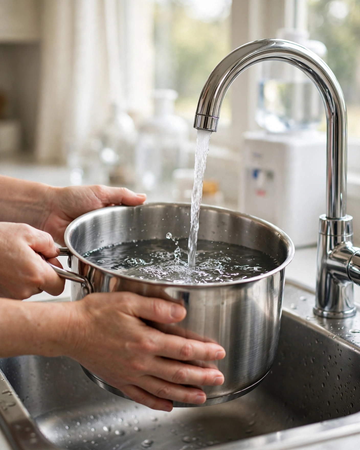 Hands filling a large cooking pot at a chrome dedicated filtered-water faucet over a kitchen sink