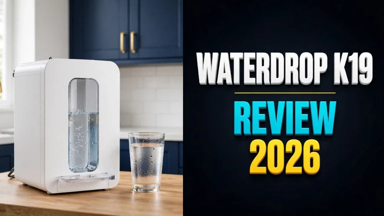 Waterdrop K19-SFK countertop reverse-osmosis unit review 2026 — white dispenser with water-level window on a bright kitchen counter