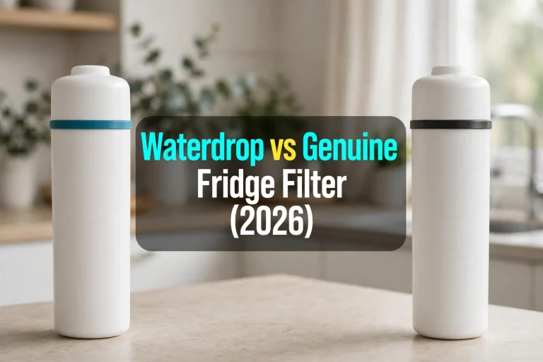 A Waterdrop-style cartridge and a genuine OEM cartridge side by side on a kitchen counter