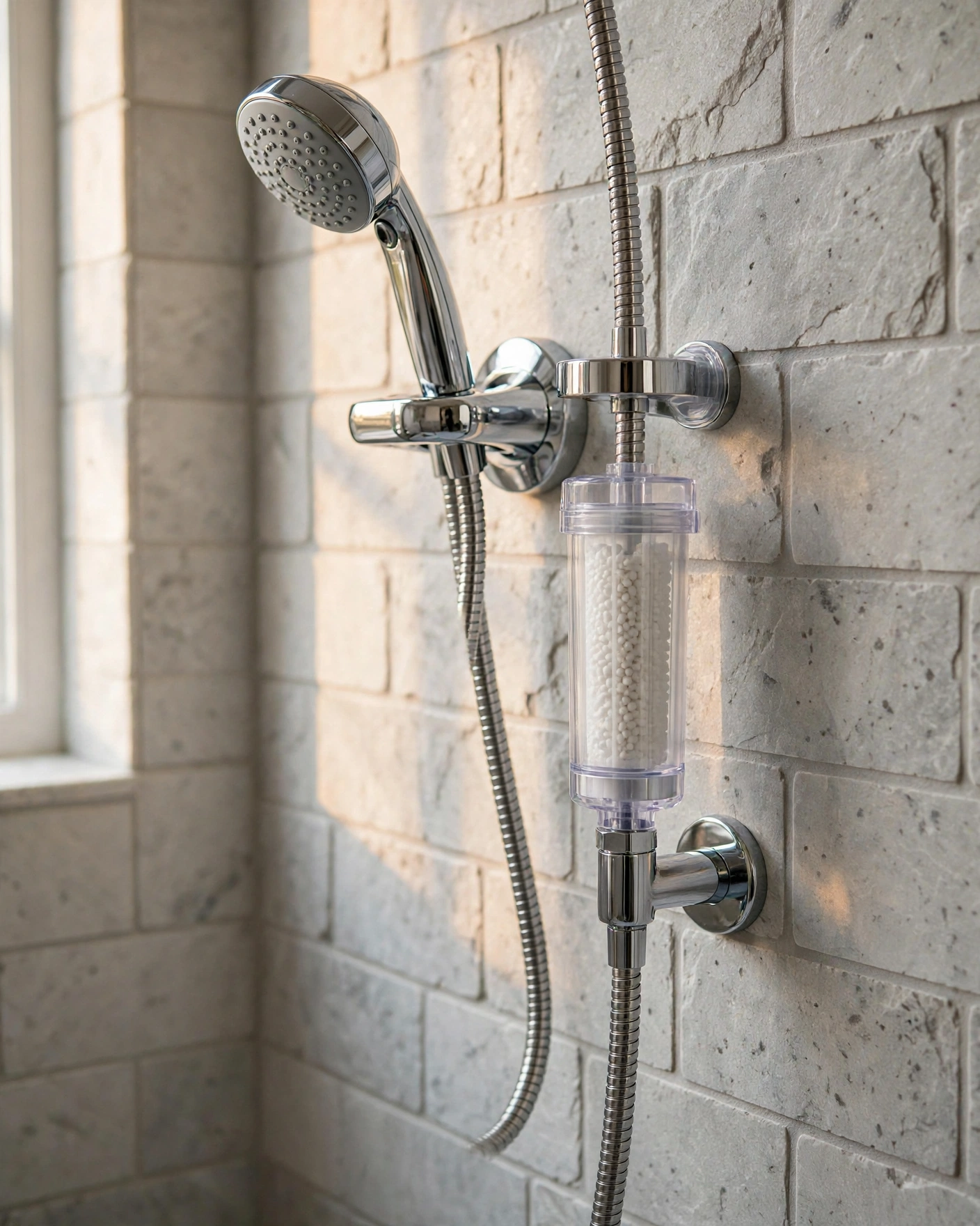 Handheld shower head on a cradle with a hose connected to a clear inline shower filter unit