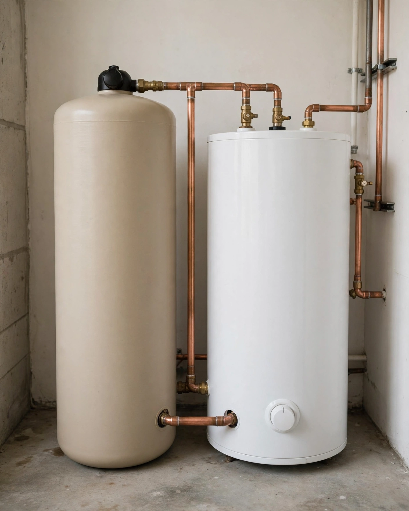 Tall blue SpringWell-style tank filter standing beside a water heater in a home utility room