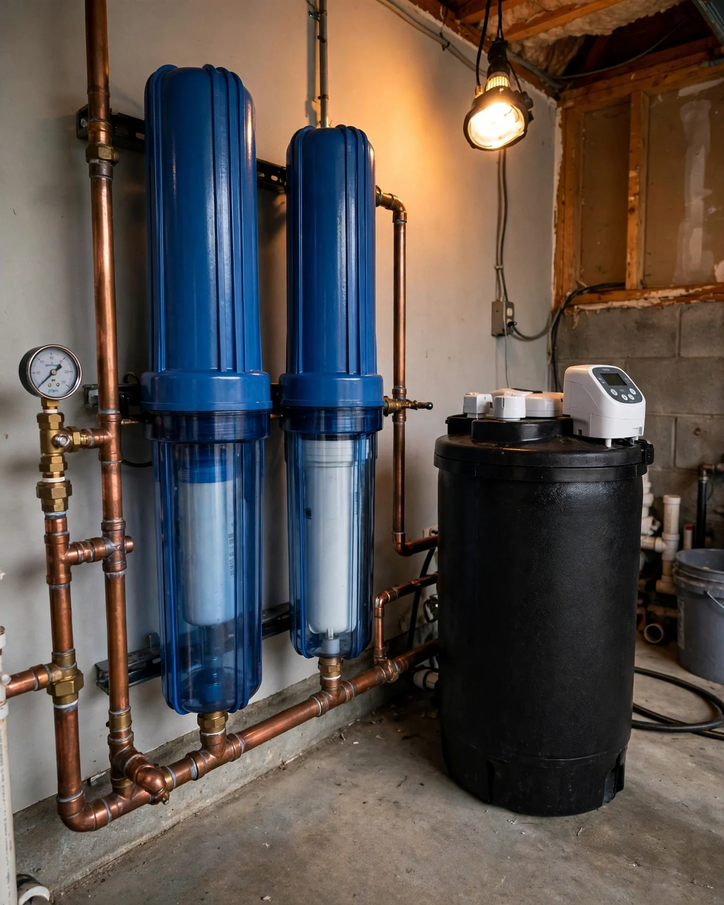 Installed whole-house water treatment in a garage: blue filter housings on copper main lines beside a black softener brine tank with digital control head