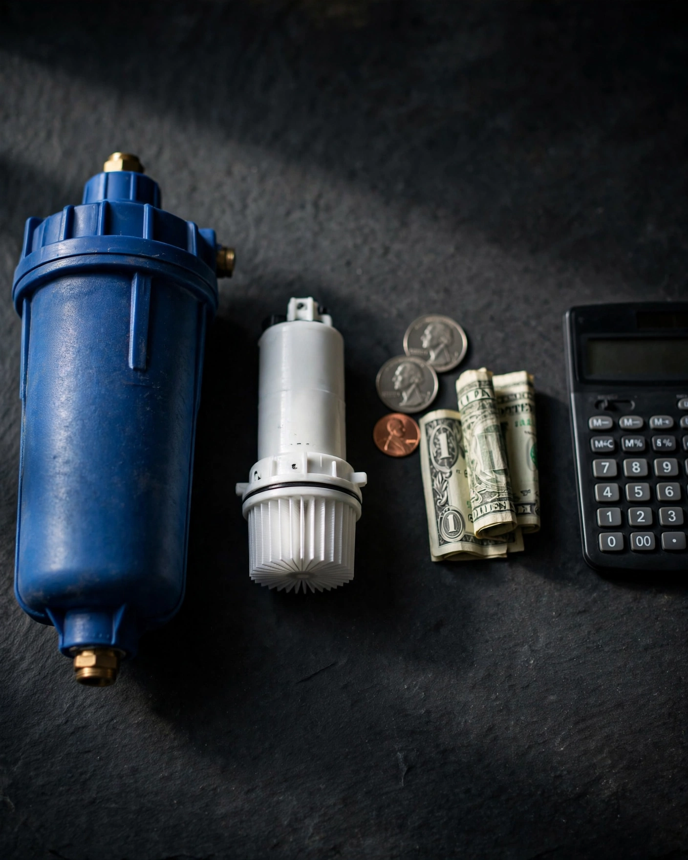 Flat-lay comparing water filtration options by cost: whole-house filter housing, pitcher cartridge, cash, and a calculator