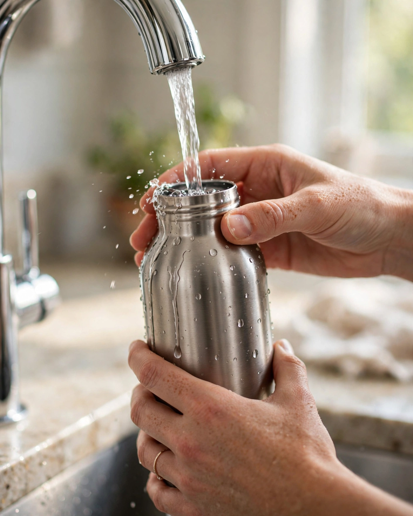 Hands filling a reusable steel water bottle at a kitchen faucet