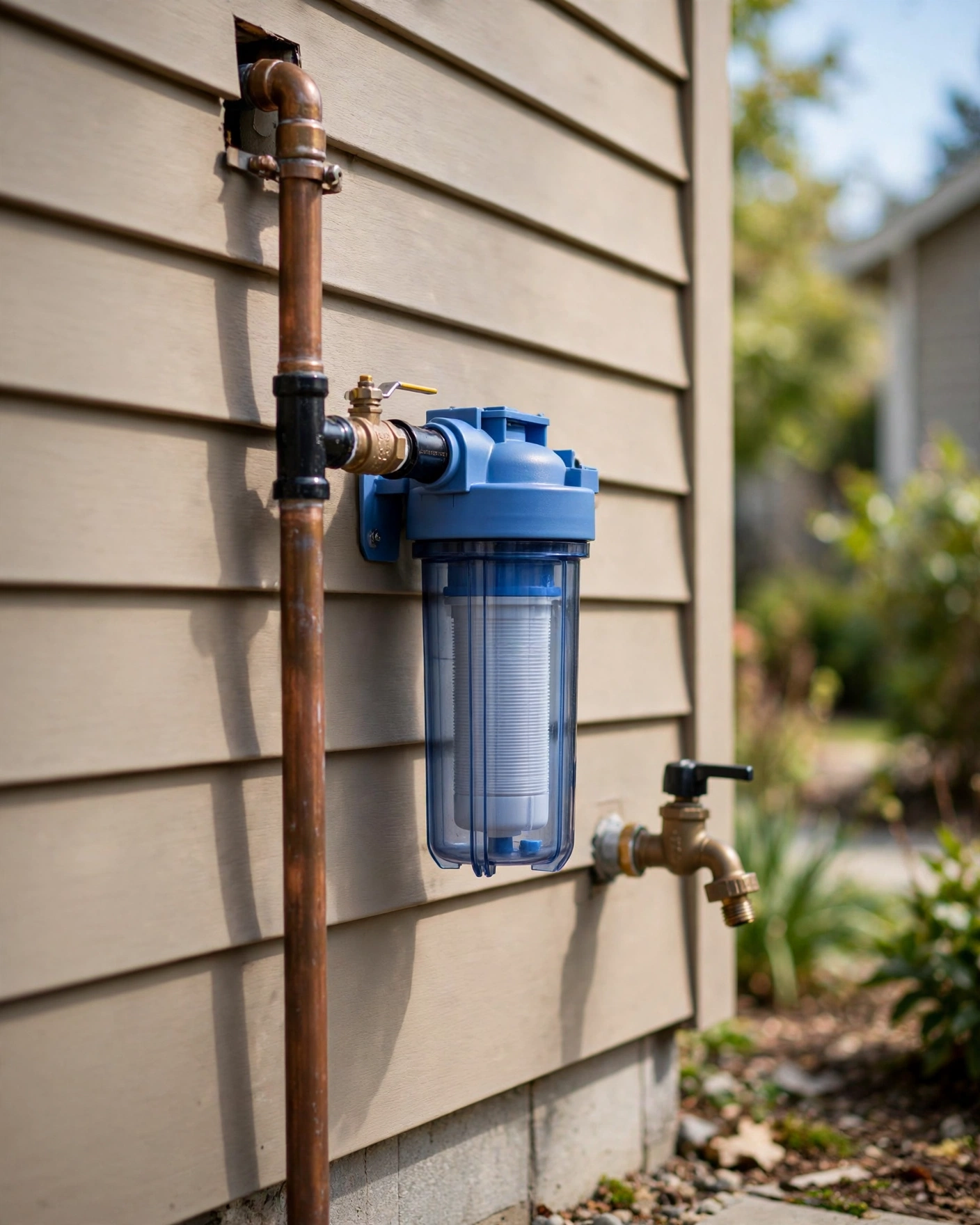 Suburban house exterior with a close-up of a whole-house filter housing mounted near the water entry