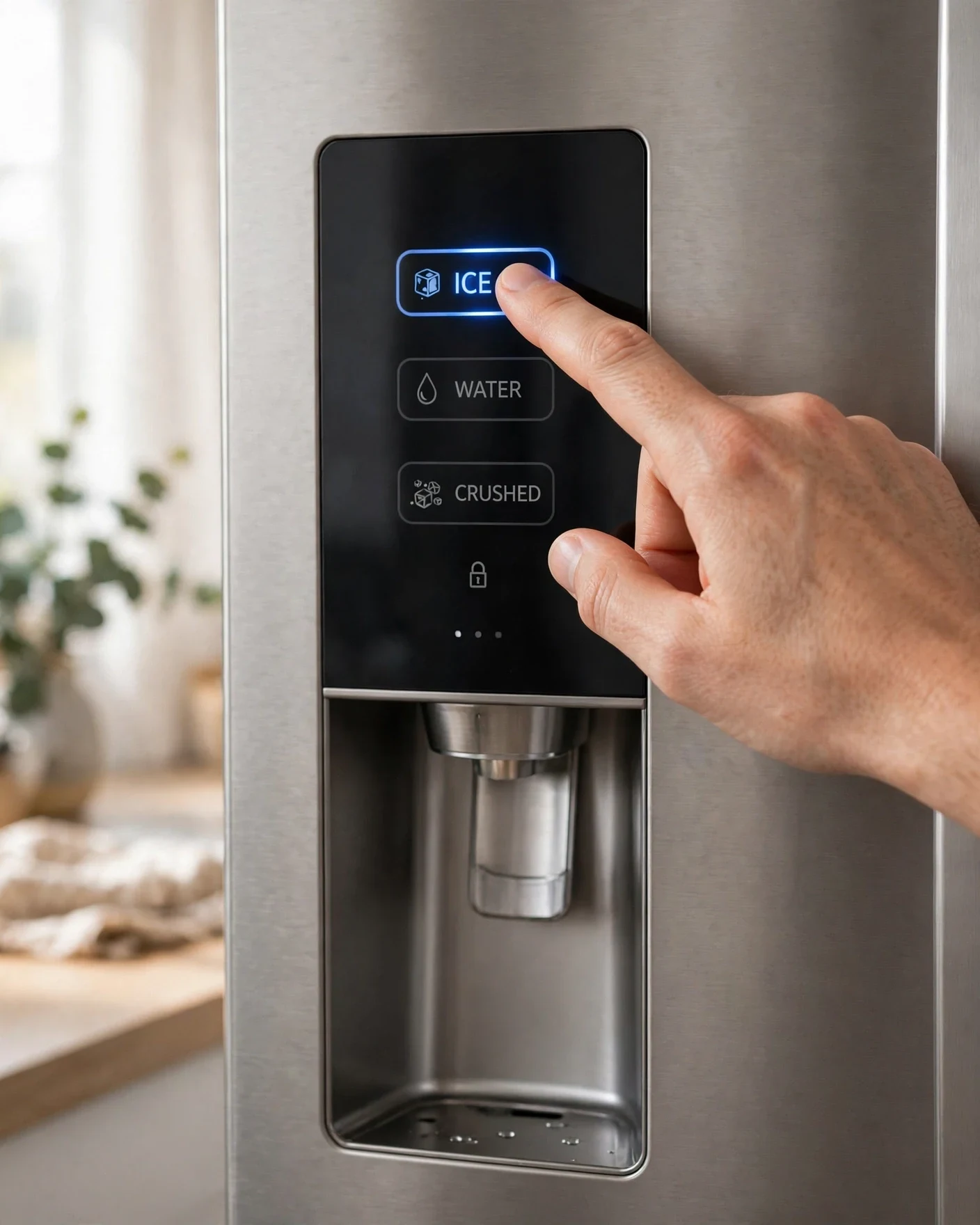 Hand pressing a button on a stainless-steel refrigerator door control panel above the water dispenser