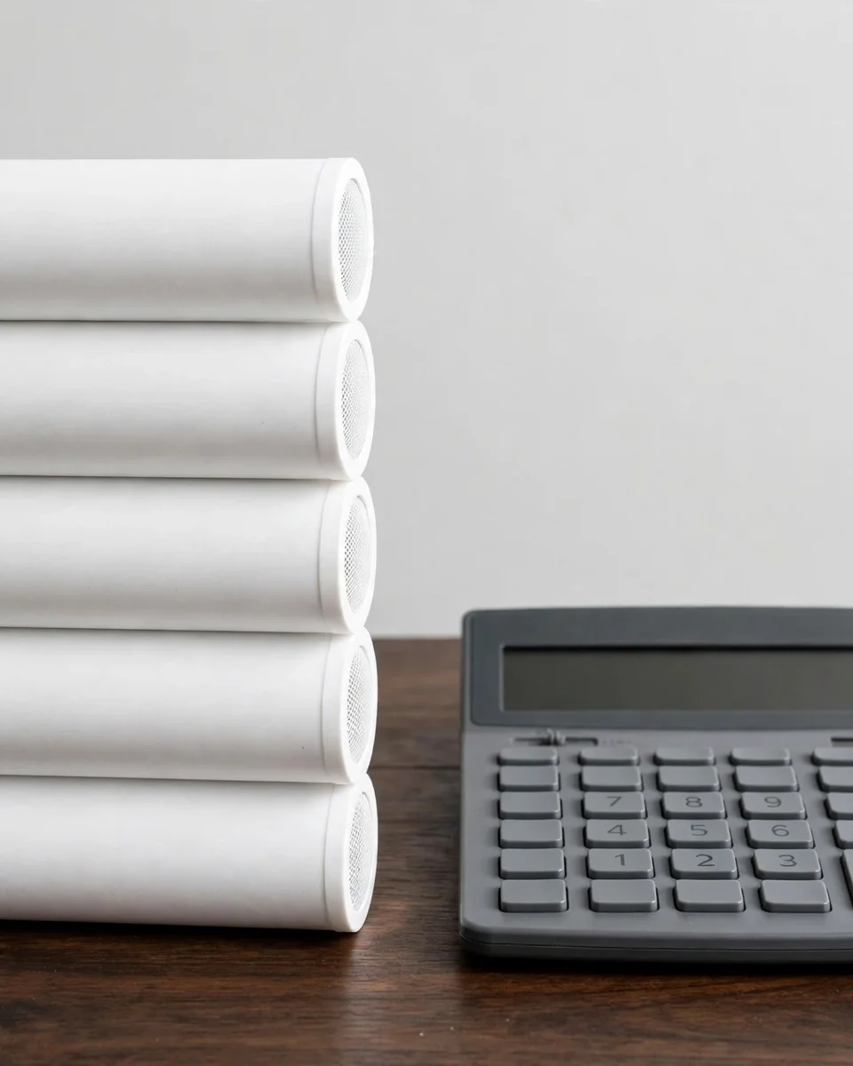 Stack of ZeroWater-size filter cartridges beside a calculator — counting a year of filters