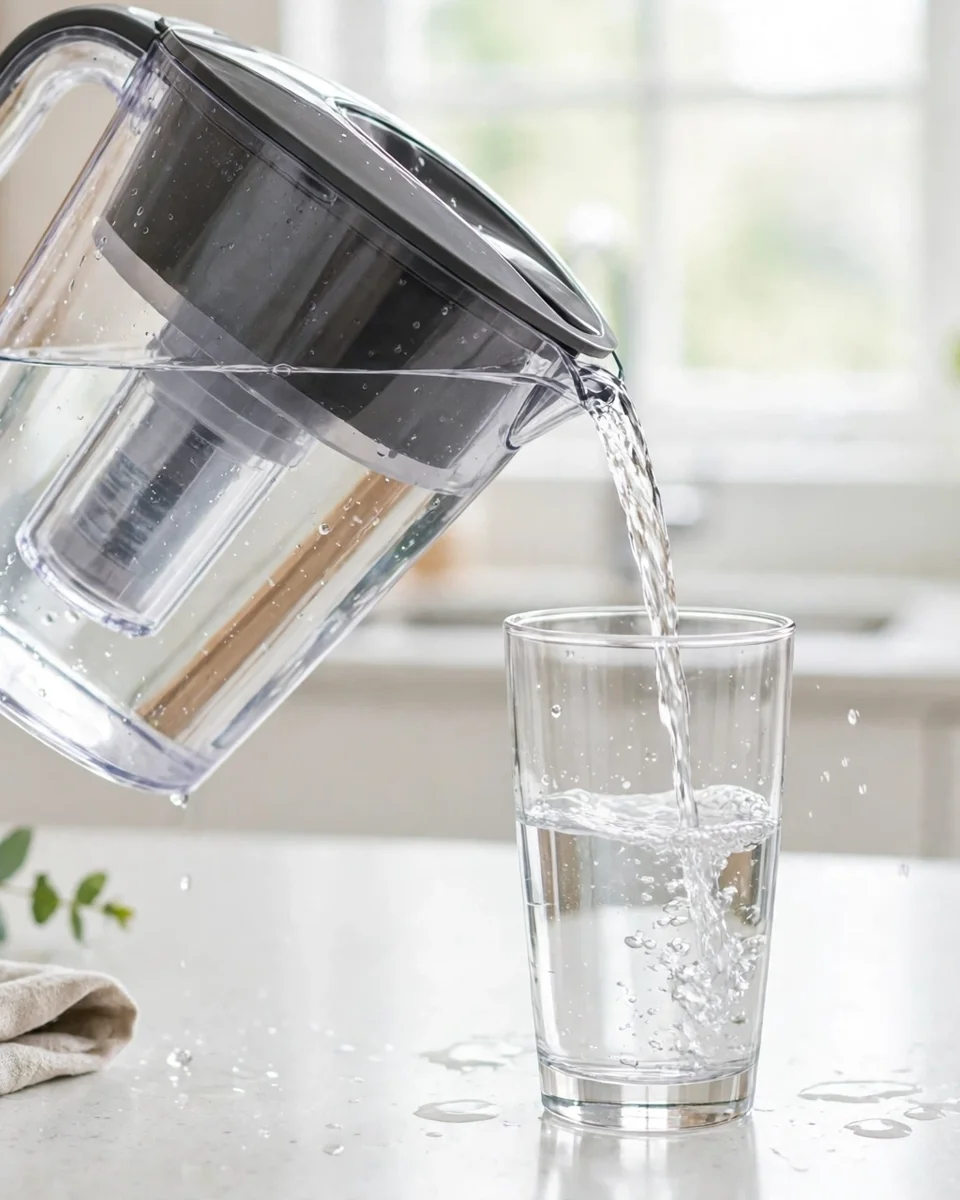 ZeroWater pitcher pouring a glass of water — the 000-TDS output the filters pay for