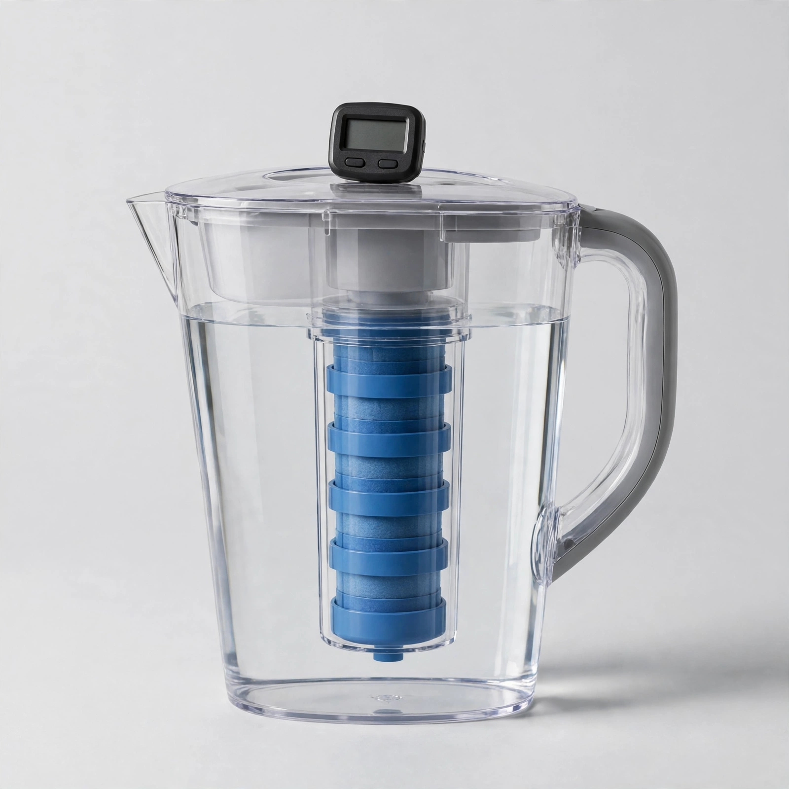 Clear pitcher with a blue 5-stage cartridge and a blank TDS meter on its lid